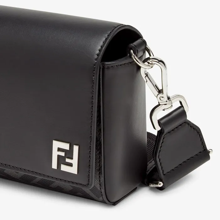 Fendi Messenger Bags FF Squared Compact Bag Black Leather And Black FF Canvas Bag 8211 Men