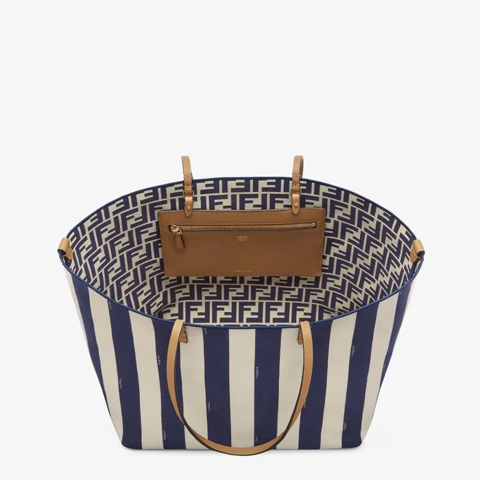 Fendi Tote Bags Large Roll Reversible Shopper In Pequin Striped And Midnight Blue FF Fabric 8211 Women