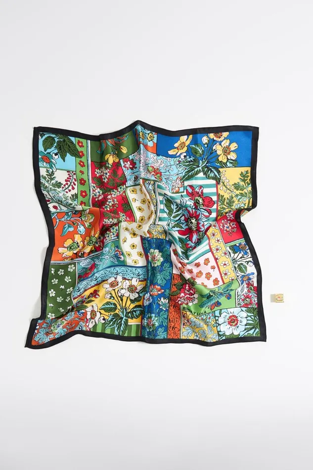 Floral Patchwork And Metal Dice Charm Scarf Green Women Bimba Y Lola Bag Charms