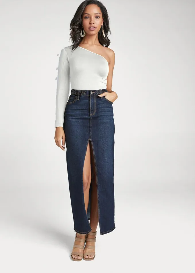 Front Slit Jean Maxi Skirt Dark Wash Women VENUS Maxi Skirts