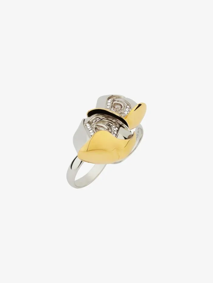 Givenchy Flower Double Fingers Ring In Metal With Crystals Goldensilvery Women Jewelry
