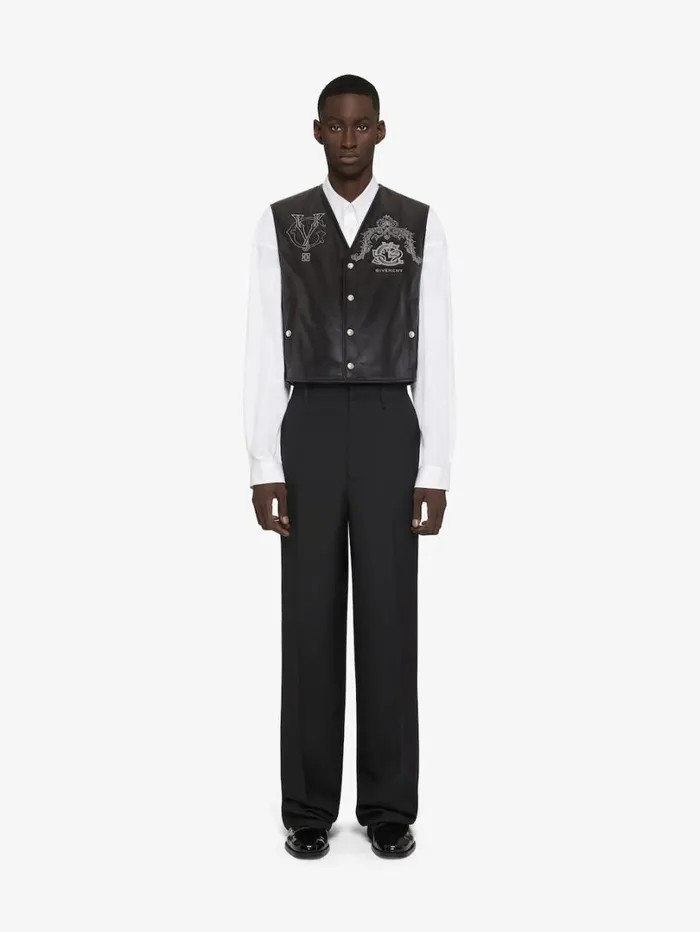 Givenchy GIVENCHY Crest Waistcoat In Embroidered Leather Blackwhite Men Outerwear and Blousons Givenchy GIVENCHY Crest Waistcoat In Embroidered Leather Blackwhite Men Outerwear and Blousons