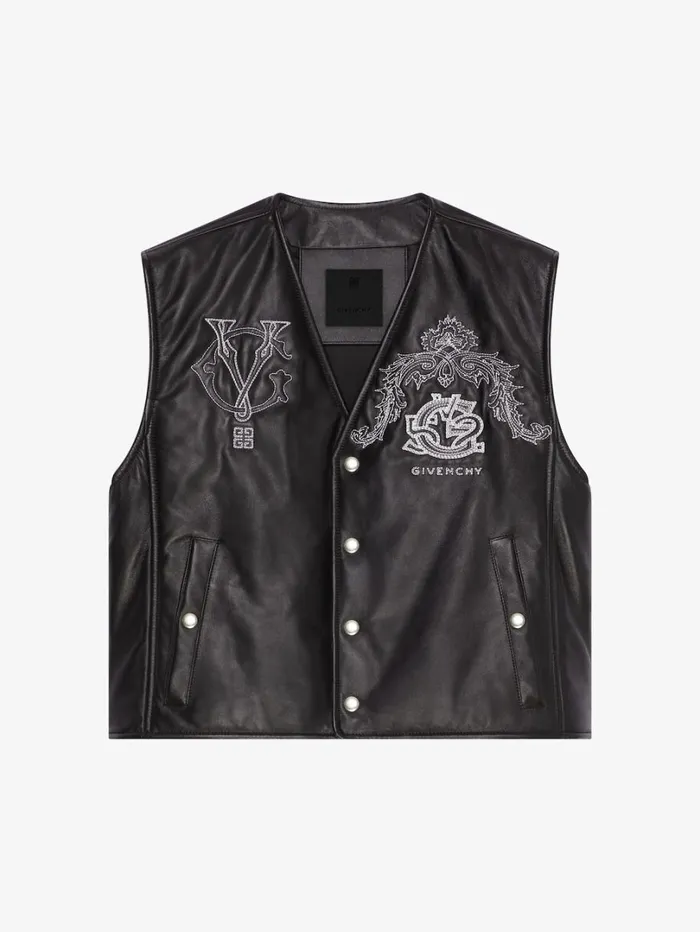 Givenchy GIVENCHY Crest Waistcoat In Embroidered Leather Blackwhite Men Outerwear and Blousons