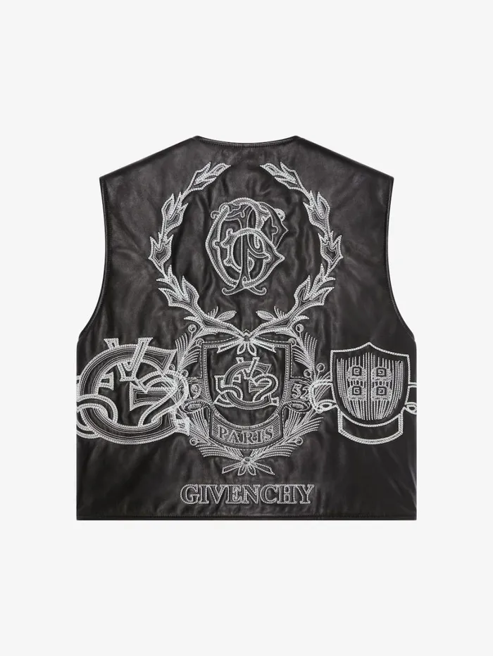 Givenchy GIVENCHY Crest Waistcoat In Embroidered Leather Blackwhite Men Outerwear and Blousons