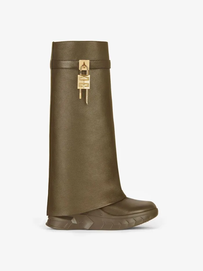 Givenchy Shark Lock Biker Boots In Grained Leather Dark Khaki Women Shark Lock