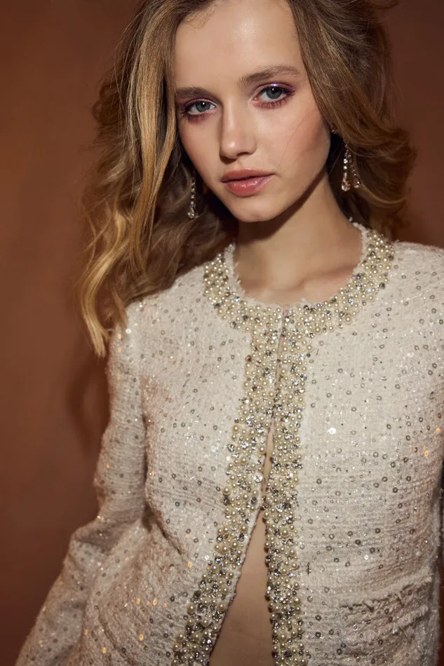 Jackets and Coats Women LoveShackFancy Vintra Embellished Tweed Jacket Cream