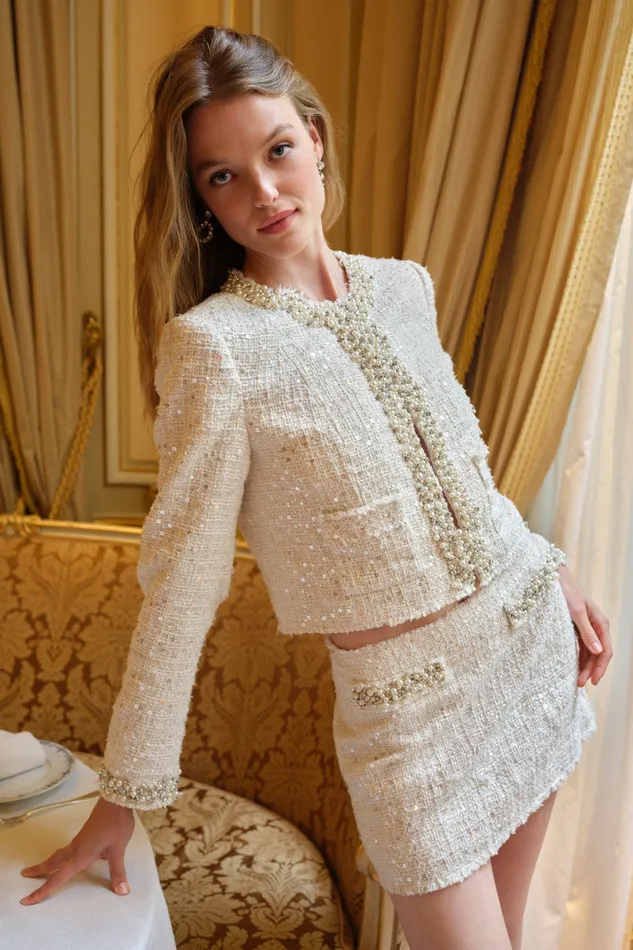 Jackets and Coats Women LoveShackFancy Vintra Embellished Tweed Jacket Cream