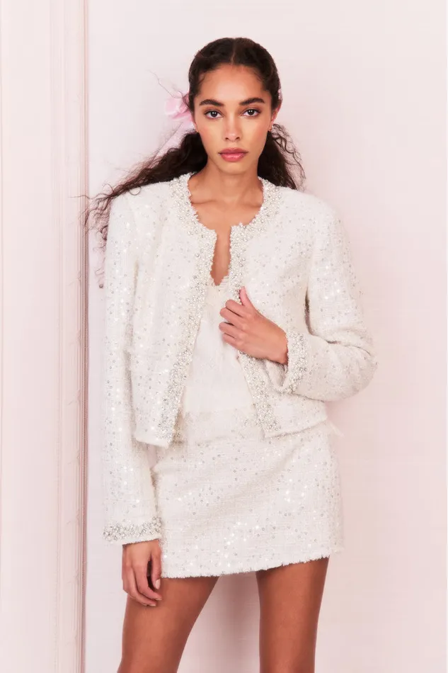 Jackets and Coats Women LoveShackFancy Vintra Embellished Tweed Jacket Cream