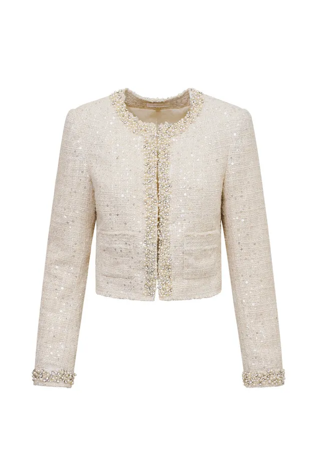 Jackets and Coats Women LoveShackFancy Vintra Embellished Tweed Jacket Cream