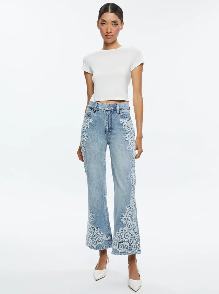 Jeans Women Alice Olivia Beautiful Embroidered Cropped Bell Jean Rockstar Blue