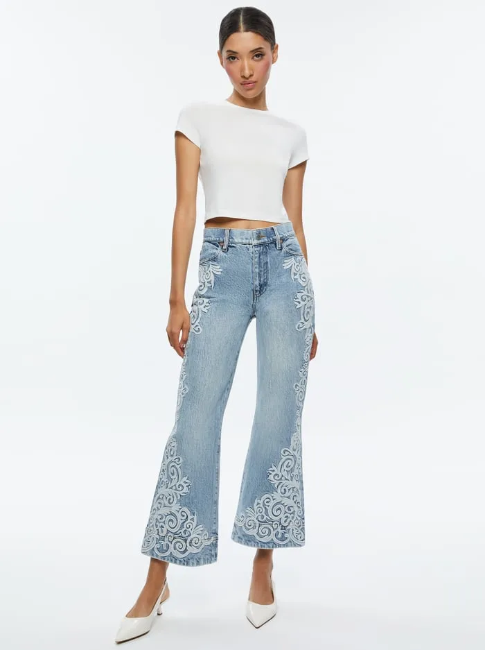 Jeans Women Alice Olivia Beautiful Embroidered Cropped Bell Jean Rockstar Blue