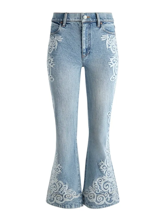 Jeans Women Alice Olivia Beautiful Embroidered Cropped Bell Jean Rockstar Blue
