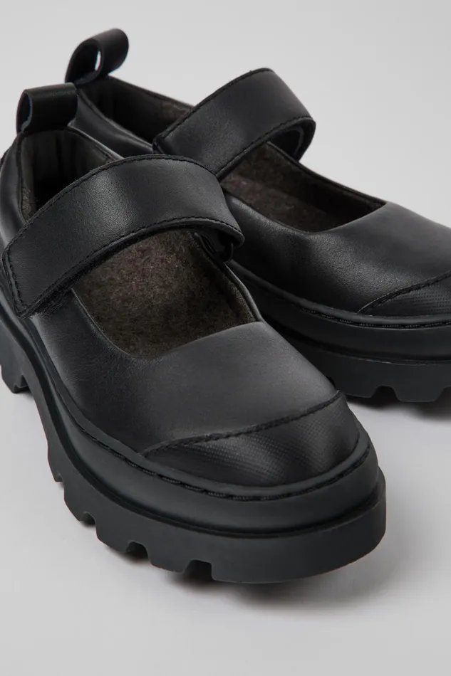 Kids Brutus Black Leather Mary Jane Shoes For Kids Camper Hook And Loop