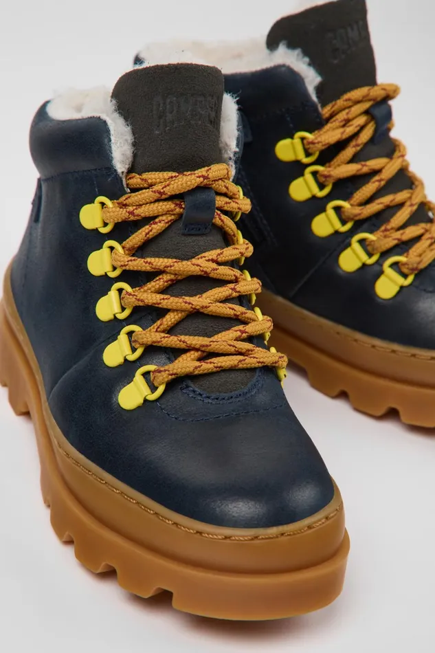 Kids Brutus Navy Blue Leather And Nubuck Ankle Boots For Kids Camper Boots