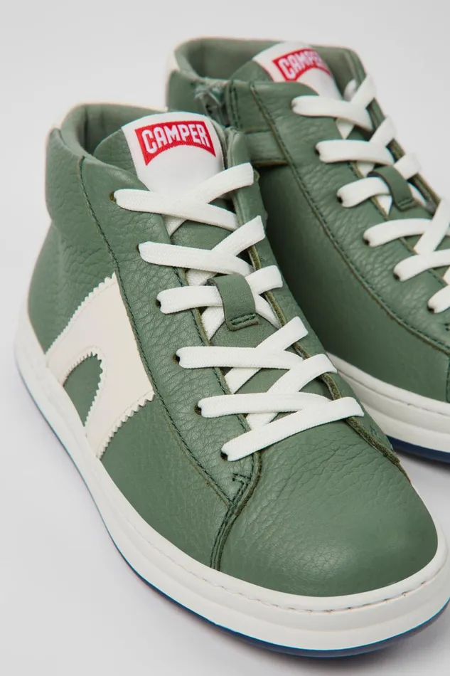 Kids Runner Green And White Leather Ankle Boots For Kids Camper Boots