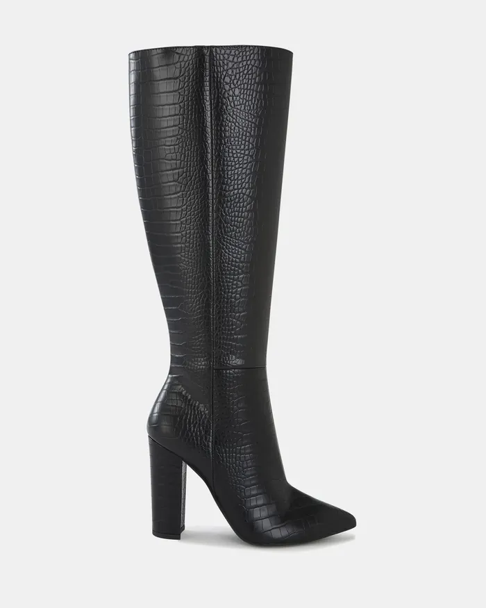 Knee High Boots REBELLION MT Black Croc Heeled Boots NOVO Shoes Women
