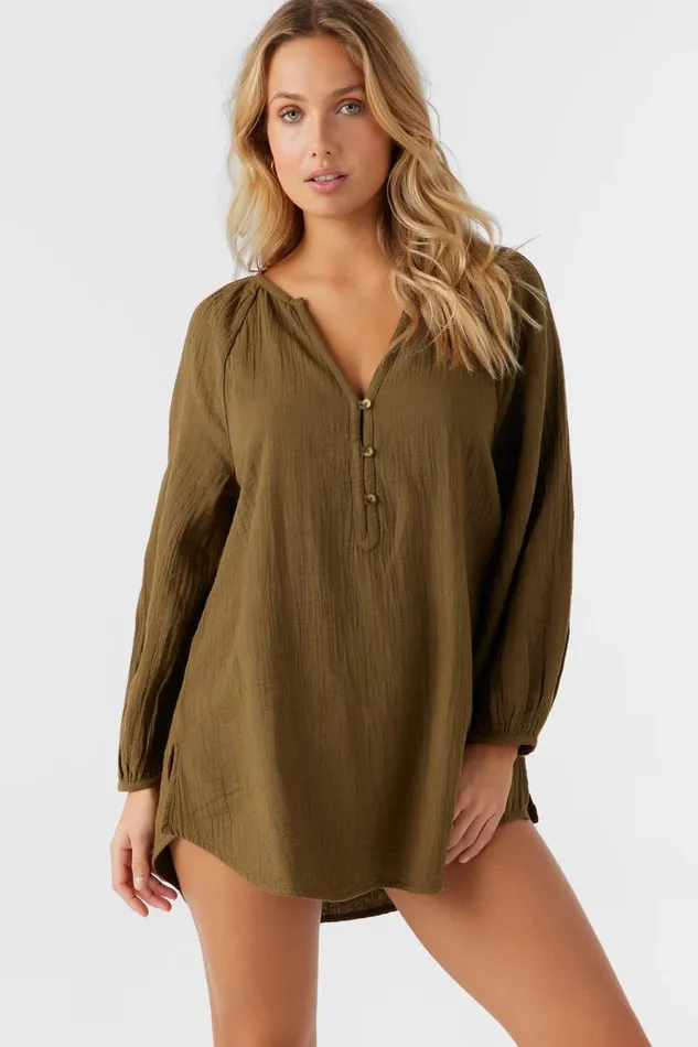 KRYSTEN CRINKLE DOUBLE GAUZE TUNIC SWIM COVERUP Military Olive Women O039NEILL Swim