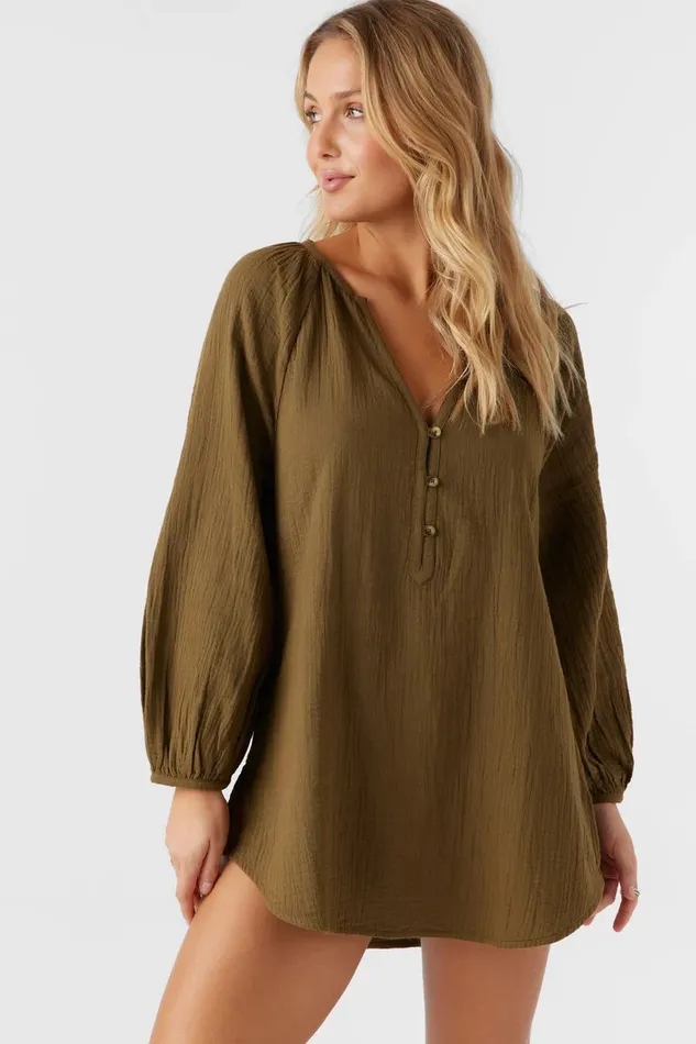 KRYSTEN CRINKLE DOUBLE GAUZE TUNIC SWIM COVERUP Military Olive Women O039NEILL Swim