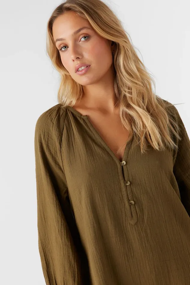 KRYSTEN CRINKLE DOUBLE GAUZE TUNIC SWIM COVERUP Military Olive Women O039NEILL Swim