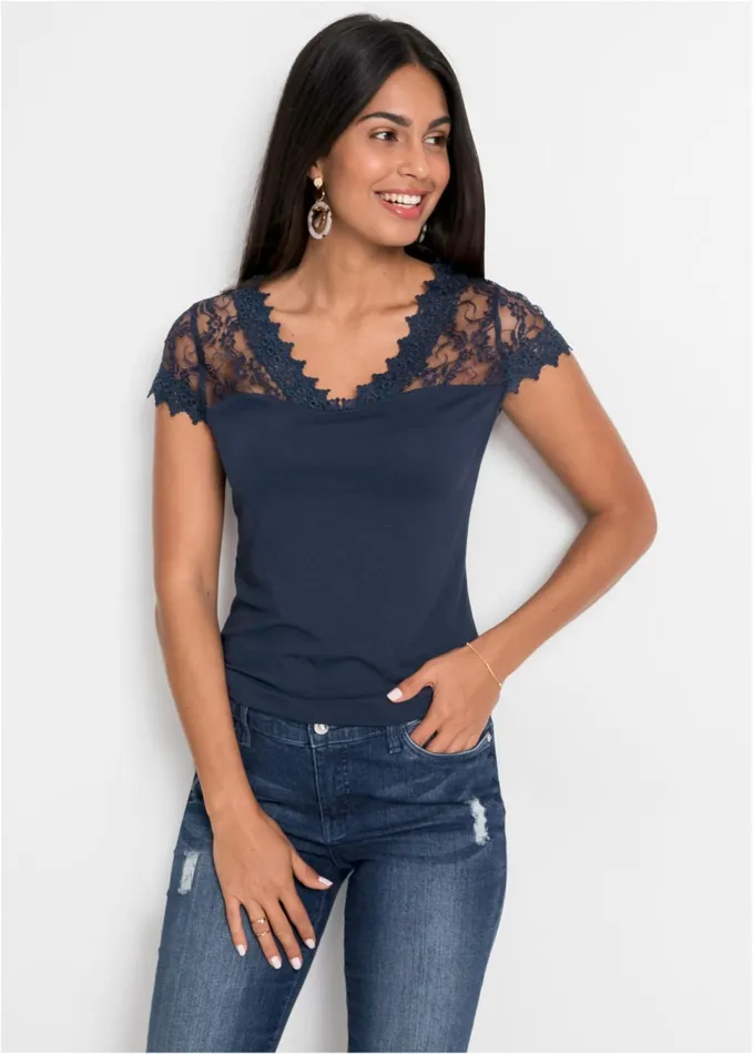 LACE DETAIL TEE Navy Women VENUS Short Sleeve Tops