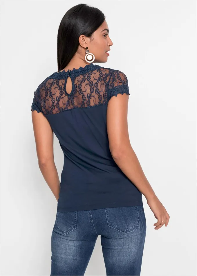 LACE DETAIL TEE Navy Women VENUS Short Sleeve Tops