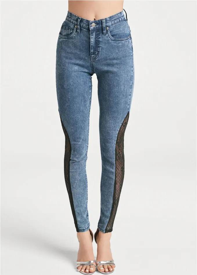 LACE INSET SKINNY JEANS Dark Wash Women VENUS Novelty Jeans