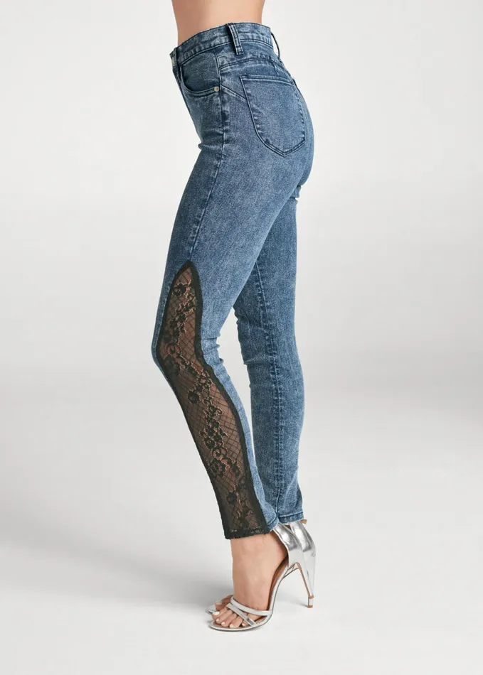 LACE INSET SKINNY JEANS Dark Wash Women VENUS Novelty Jeans