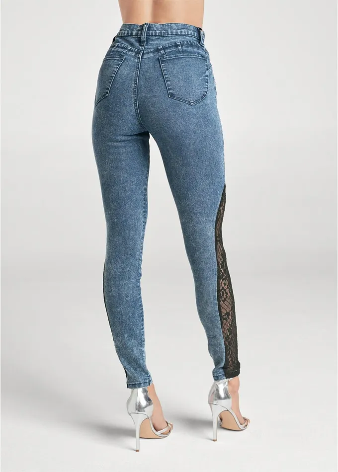 LACE INSET SKINNY JEANS Dark Wash Women VENUS Novelty Jeans
