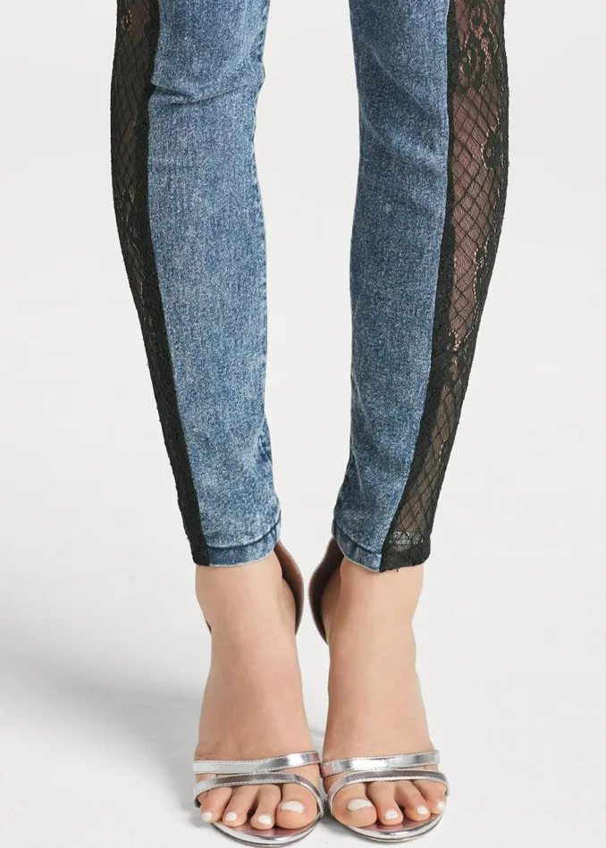 LACE INSET SKINNY JEANS Dark Wash Women VENUS Novelty Jeans