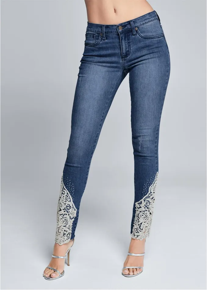 LACE INSET SKINNY JEANS Medium Wash Women VENUS Novelty Jeans