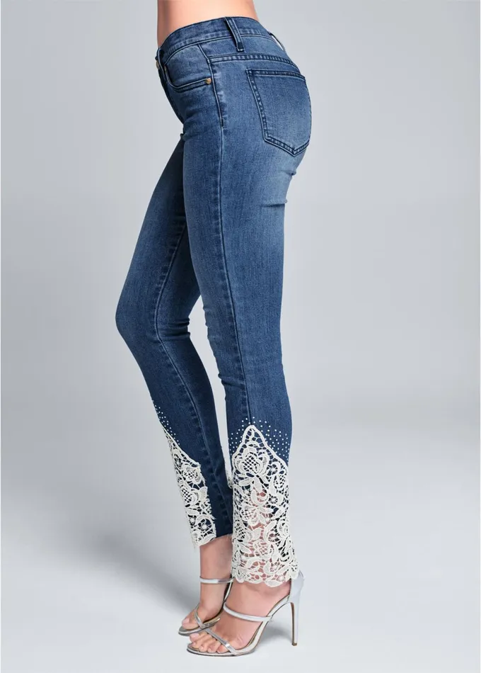 LACE INSET SKINNY JEANS Medium Wash Women VENUS Novelty Jeans