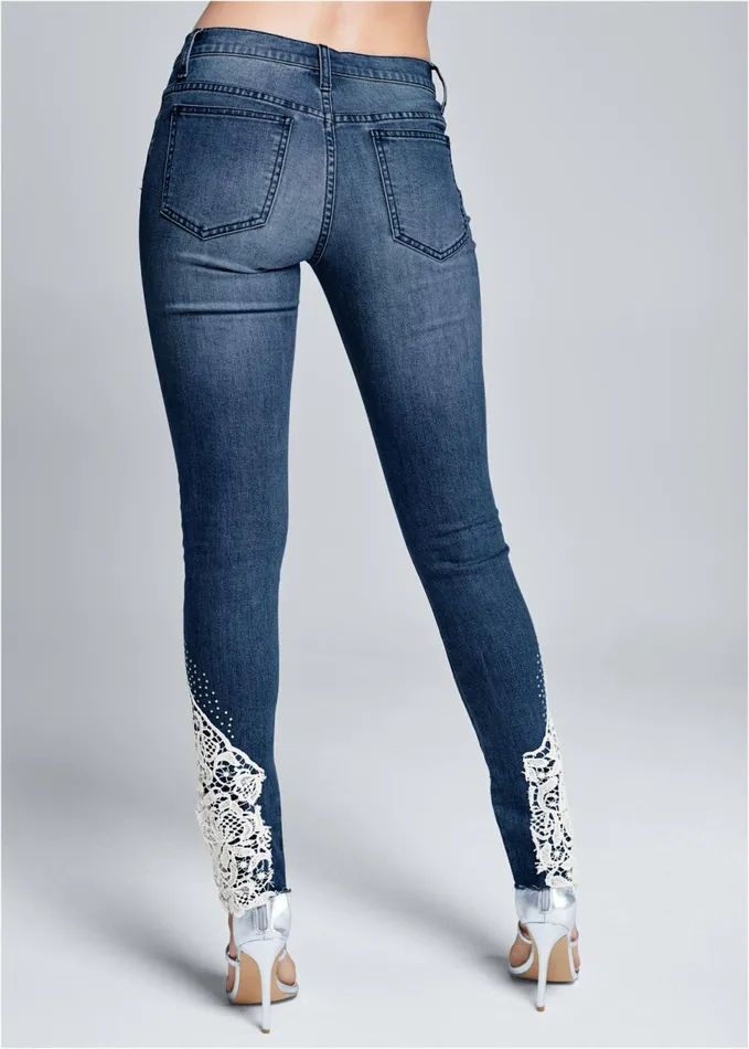 LACE INSET SKINNY JEANS Medium Wash Women VENUS Novelty Jeans
