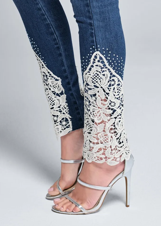 LACE INSET SKINNY JEANS Medium Wash Women VENUS Novelty Jeans