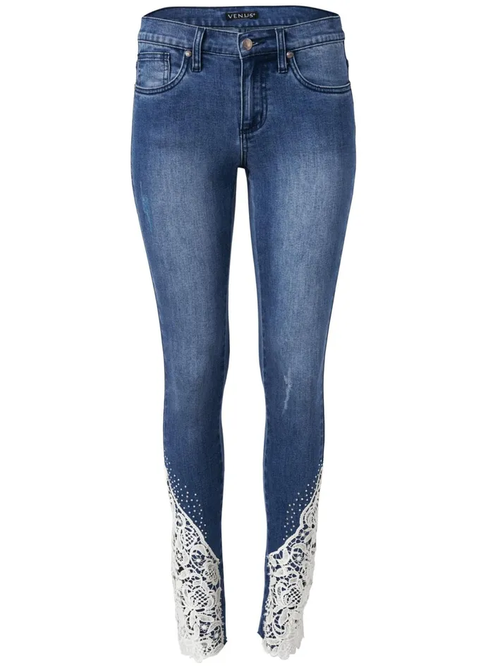 LACE INSET SKINNY JEANS Medium Wash Women VENUS Novelty Jeans