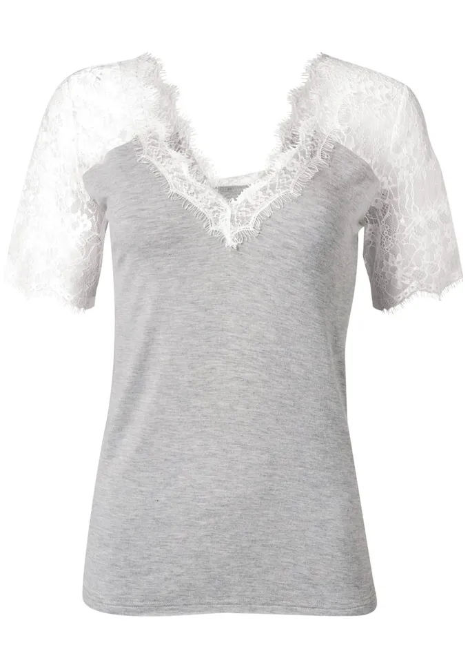 LACE SLEEVE VNECK TOP Grey and White Women VENUS Casual Tops