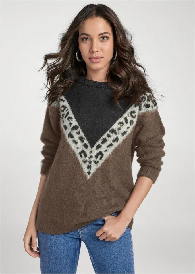 LEOPARD STRIPE SWEATER Black Multi Women VENUS Pullover