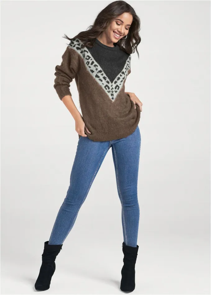 LEOPARD STRIPE SWEATER Black Multi Women VENUS Pullover