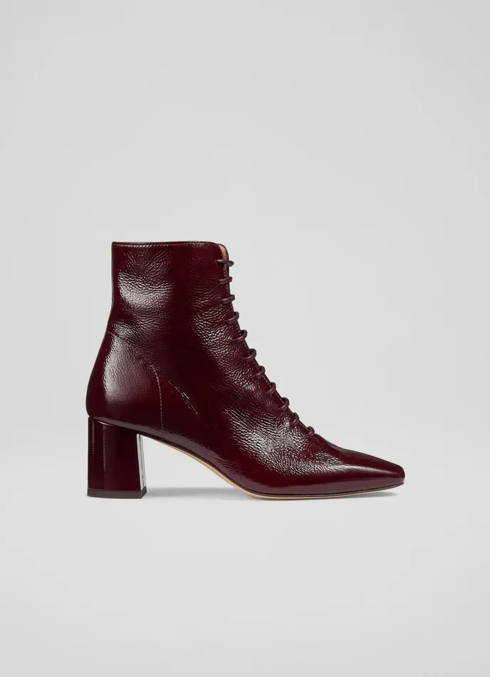 LK Bennett Arabella Bordeaux Crinkle Patent Lace Up Ankle Boots Women Boots