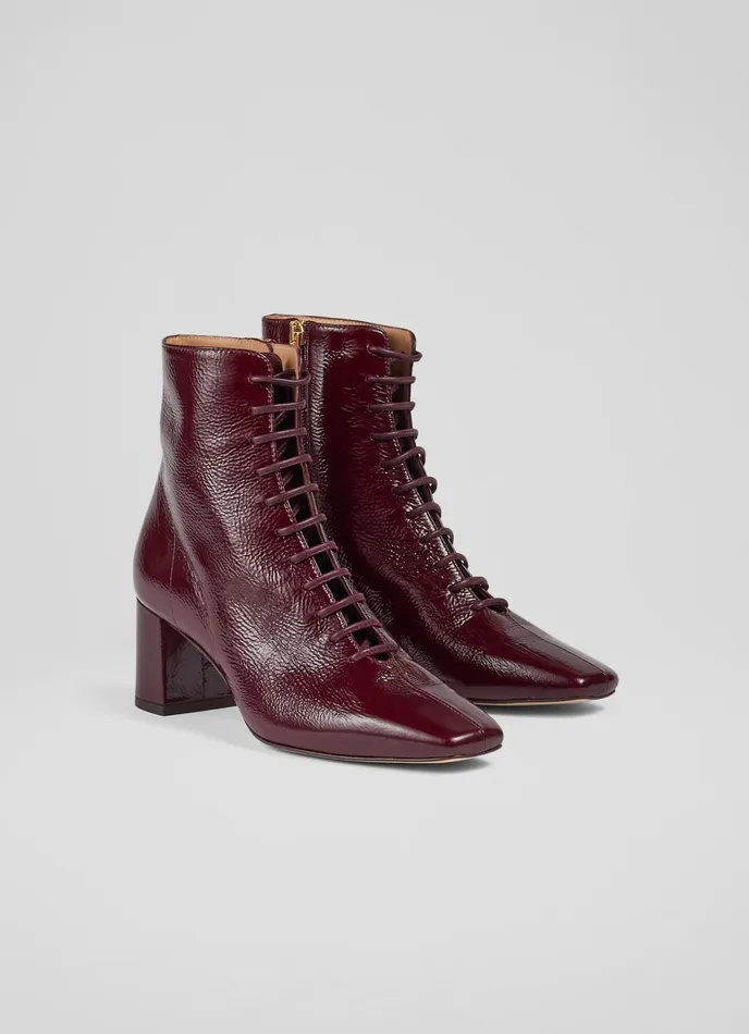 LK Bennett Arabella Bordeaux Crinkle Patent Lace Up Ankle Boots Women Boots