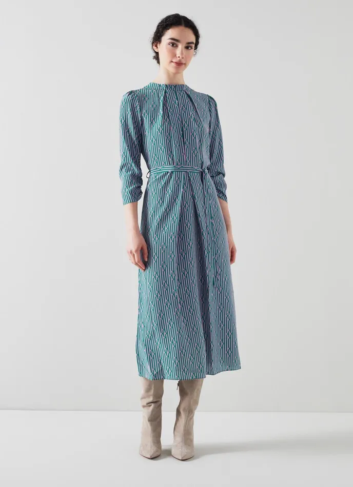 LK Bennett Brigette Green And Purple Graphic Stripe Print Silk Dress Women Dresses