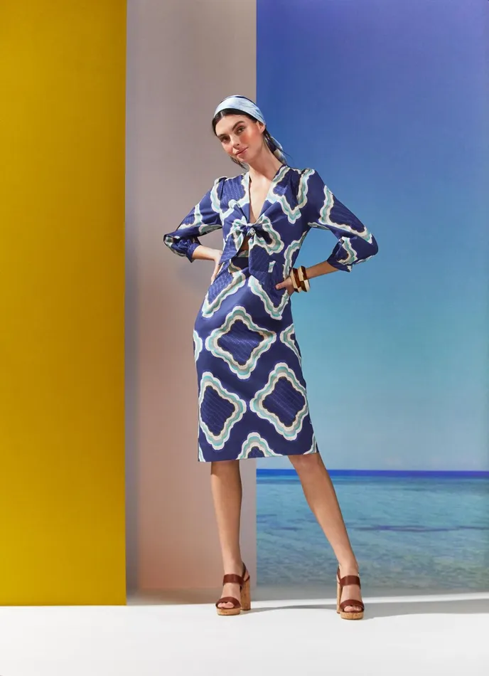 LK Bennett Daniela Blue Tile Print Organic CottonBlend Dress Women Dresses