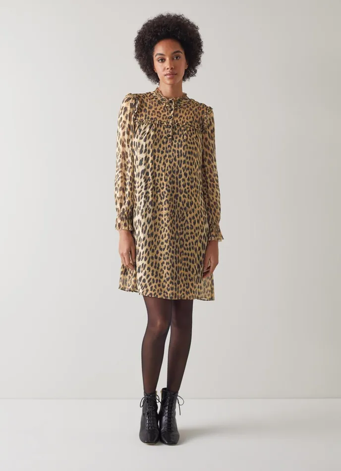 LK Bennett Edie Leopard Print Ruffle Collar Dress Women Dresses