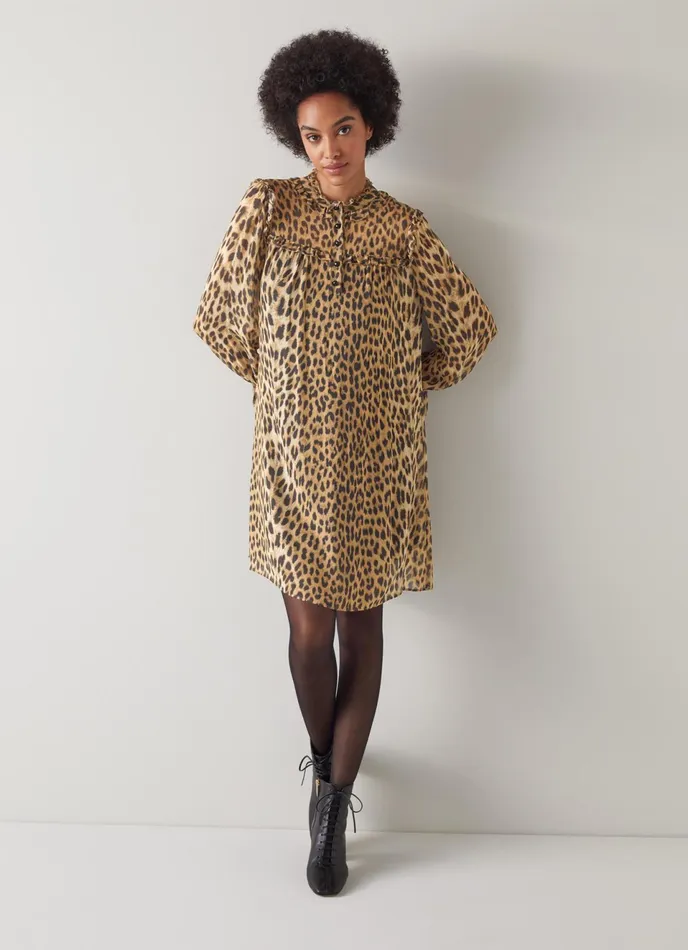 LK Bennett Edie Leopard Print Ruffle Collar Dress Women Dresses