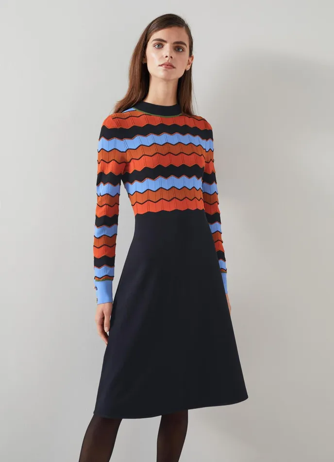 LK Bennett Elina MultiColour Wavy Knit Dress Women Dresses