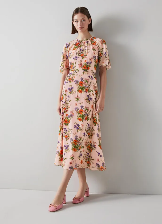 LK Bennett Elowen Pink Poppy Print Midi Dress Women Dresses