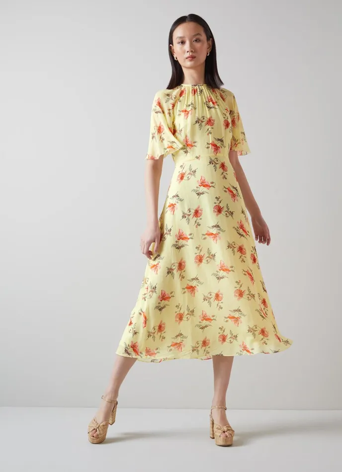 LK Bennett Elowen Pink Poppy Print Midi Dress Women Dresses