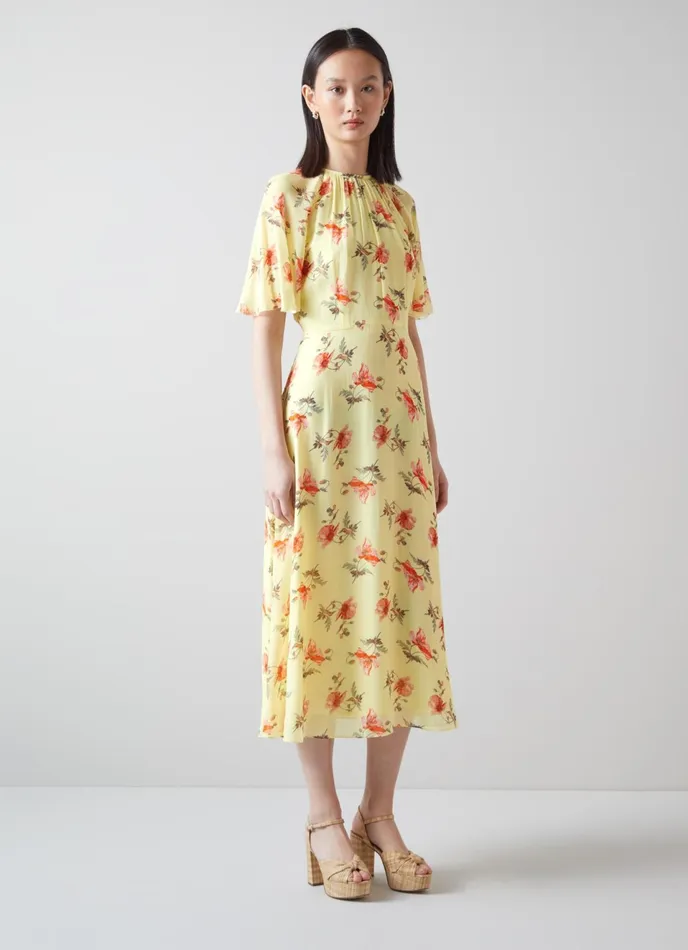 LK Bennett Elowen Pink Poppy Print Midi Dress Women Dresses