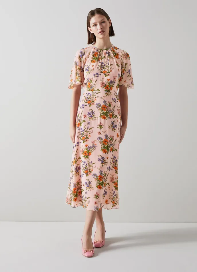 LK Bennett Elowen Pink Poppy Print Midi Dress Women Dresses