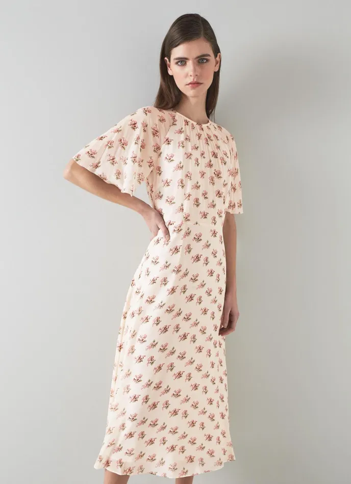 LK Bennett Elowen Pink Poppy Print Midi Dress Women Dresses