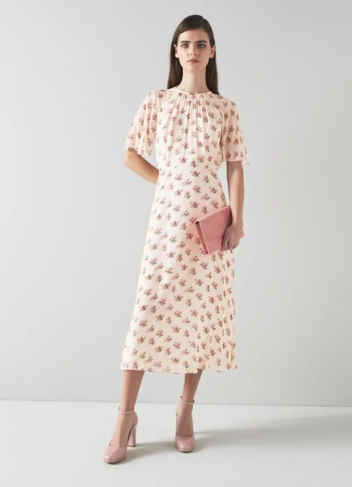 LK Bennett Elowen Pink Poppy Print Midi Dress Women Dresses